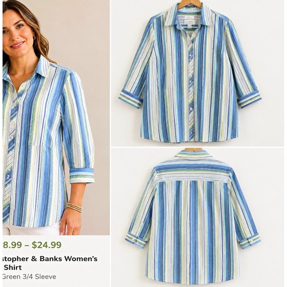 CJ Banks Tops - C.J. Banks Striped Button Front Tunic Collared 3/4 Sleeve Top 1X Blue Green